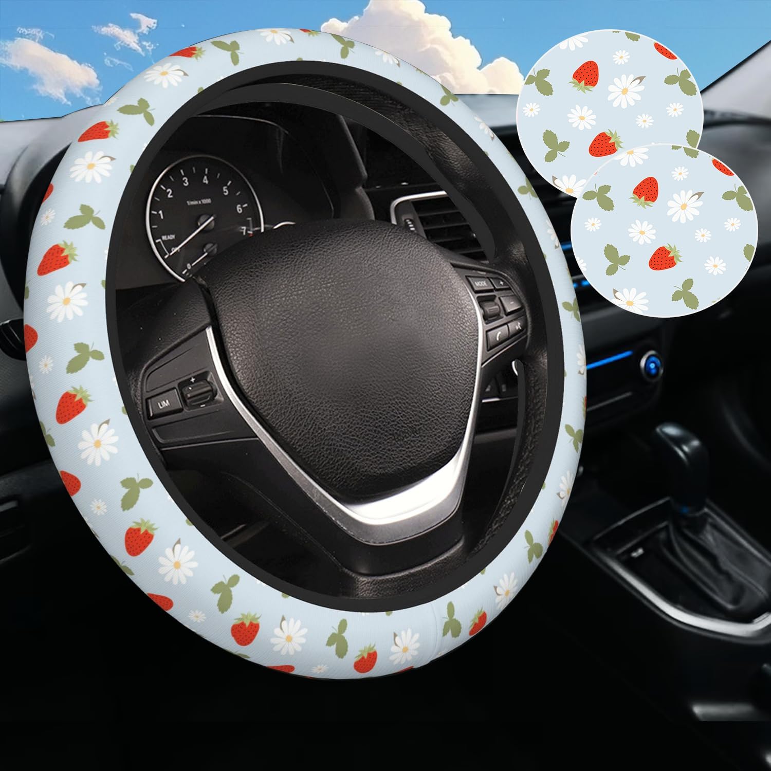 Strawberry Steering Wheel Cover with 2 Coasters - 15 Inch Steering Wheel Protector Car Accessories Fits Most Cars for Men Women