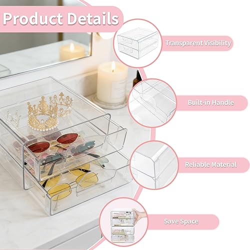Miniatura 4 de Cajones de almacenamiento apilables transparentes, organizador de cajones de maquillaje acrílico con 2 cajones, contenedores de almacenamiento