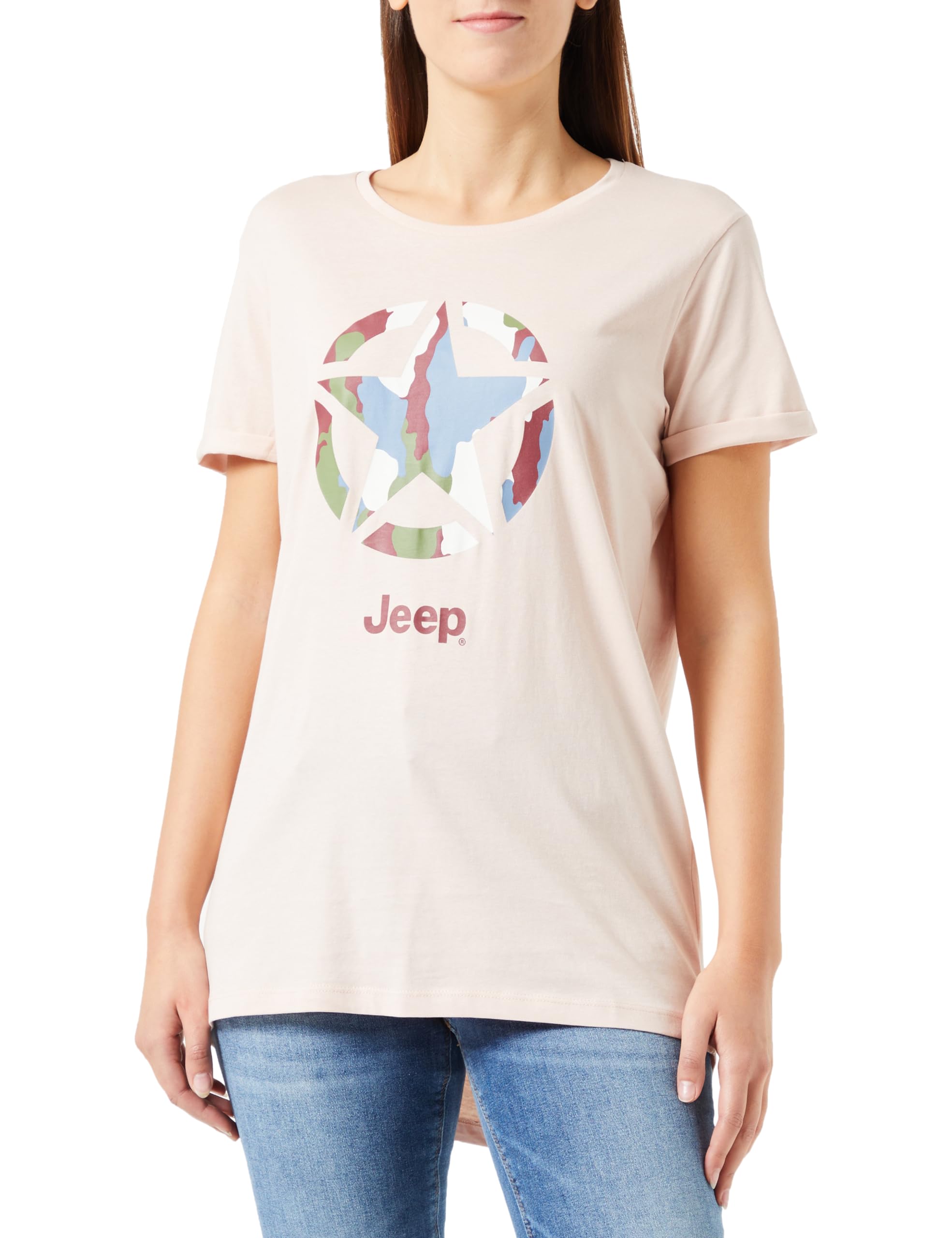 JEEP O102927-P558 J Woman Oversize T-Shirt Star Camoubark Large Print Turn-up Sleeve J23W Powder Rose L
