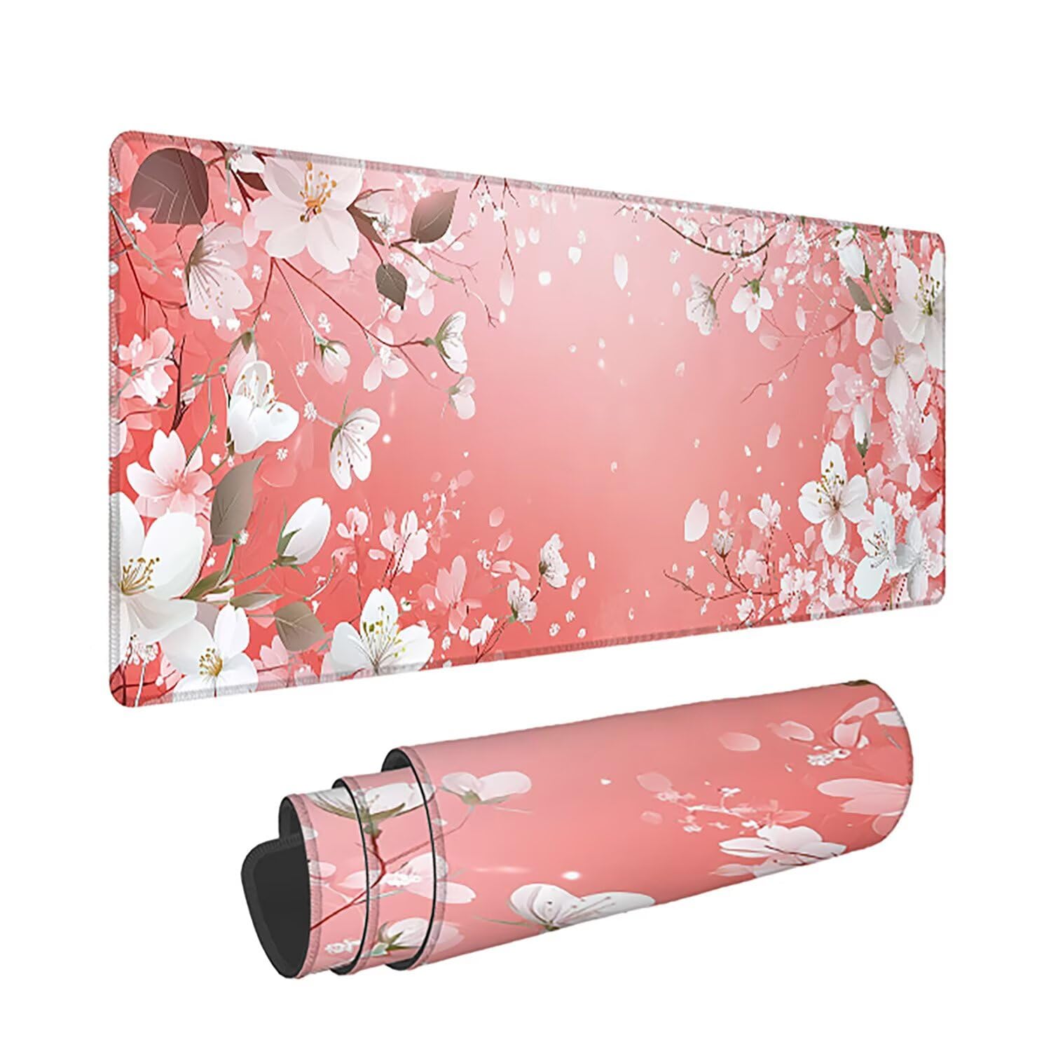 Podkładka pod mysz XXL Kwiaty Wiśni - 1400x600x3mm - Różowa Duża mata na biurko z przeszytymi krawędziami i antypoślizgowa Wodoodporna do PC, przenośna poprawia precyzję i szybkość -36502