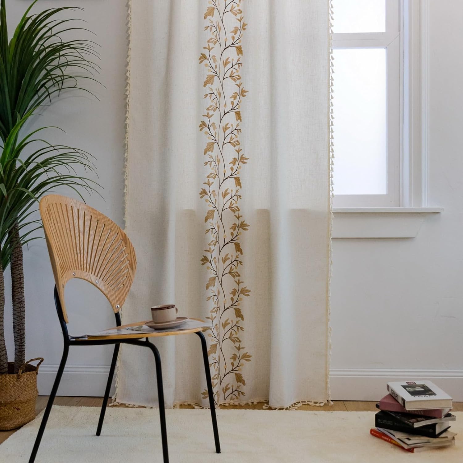 A.Monamour Cotton Blend Semi Sheer Rod Pocket White Botanical Window Curtain Panels Window Treatment Drapes with Handmade Tassels for Bedroom Kitchen Living Room, 1 Panel, Golden Flowers