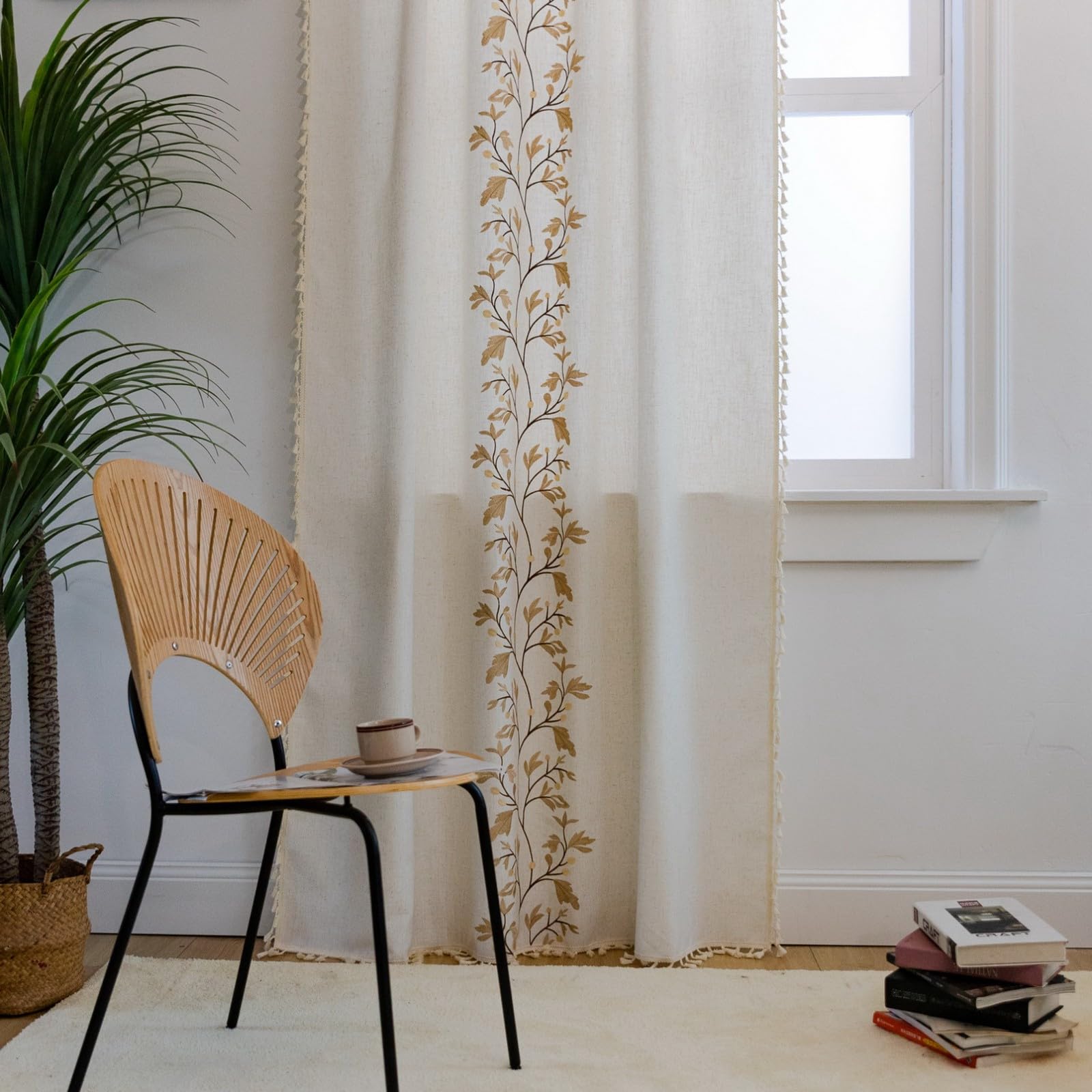 A.Monamour Tenda per Interni Traslucido Semi Oscurante Boho Decorativo con Nappe Floreale in Cotone Tessuto Tende a Pannello Porta Finestra per Camera da Letto Soggiorno Cucina, 1 Pezzo, fiori dorati