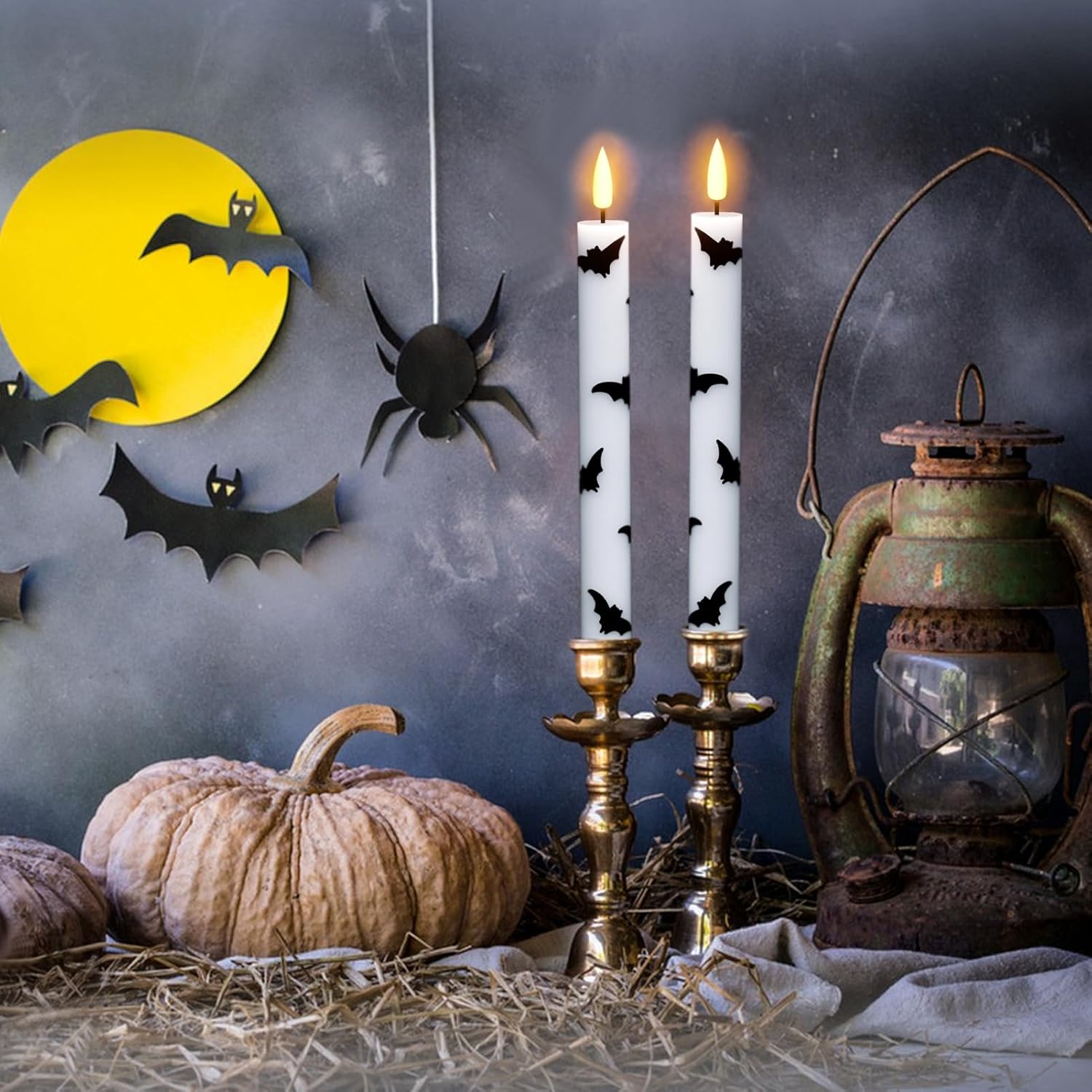 Halloween Flameless Taper Candles with Remote Timer, 4 Pack LED Flickering Candlestick, 9.65 Inch Battery Operated Real Wax Candles with Bat Prints for Halloween Decorations