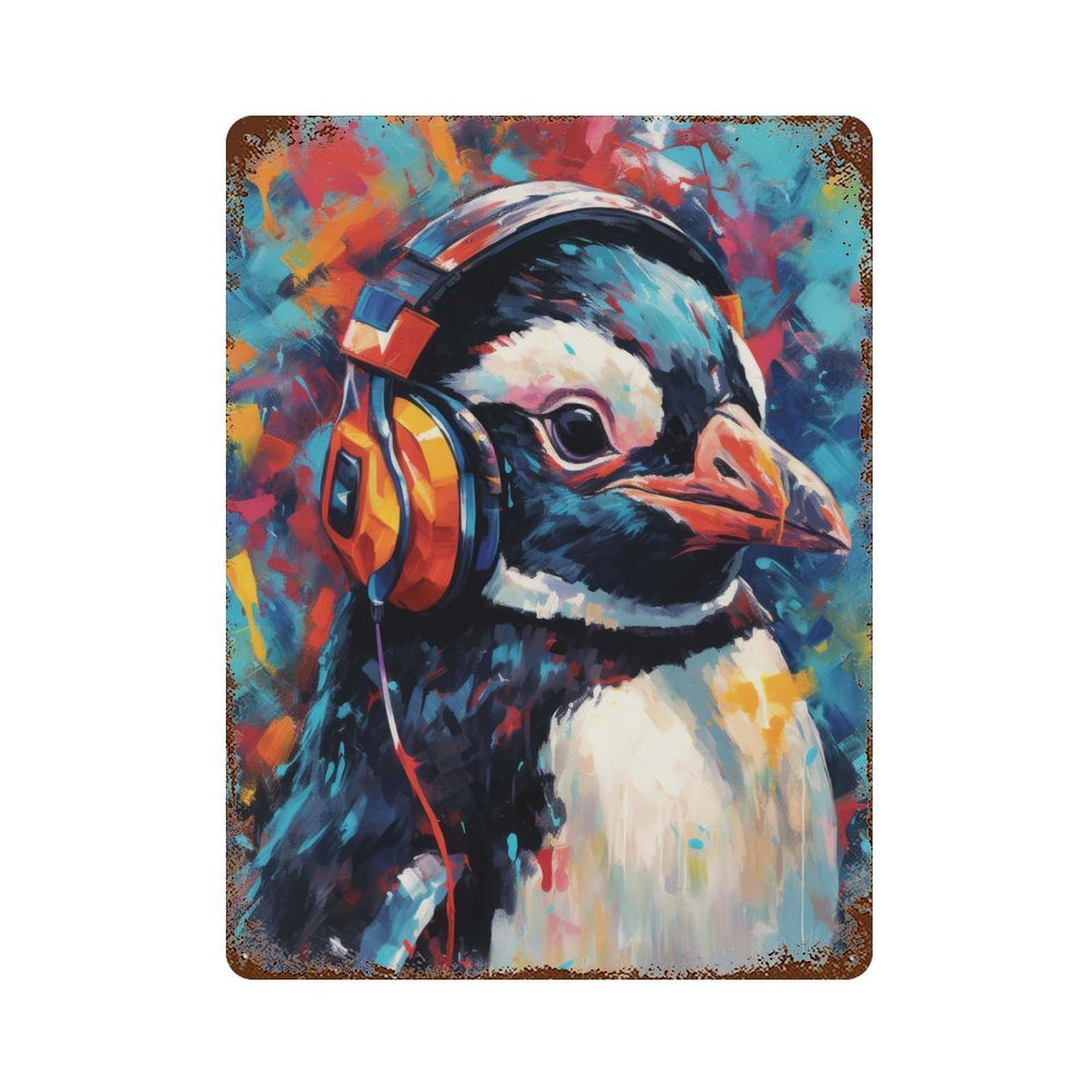 Penguin with Headphones Retro Metal Sign 15.7"x11.8", for Pub, Kitchen And Man Cave Decor, Retro Wall Decor