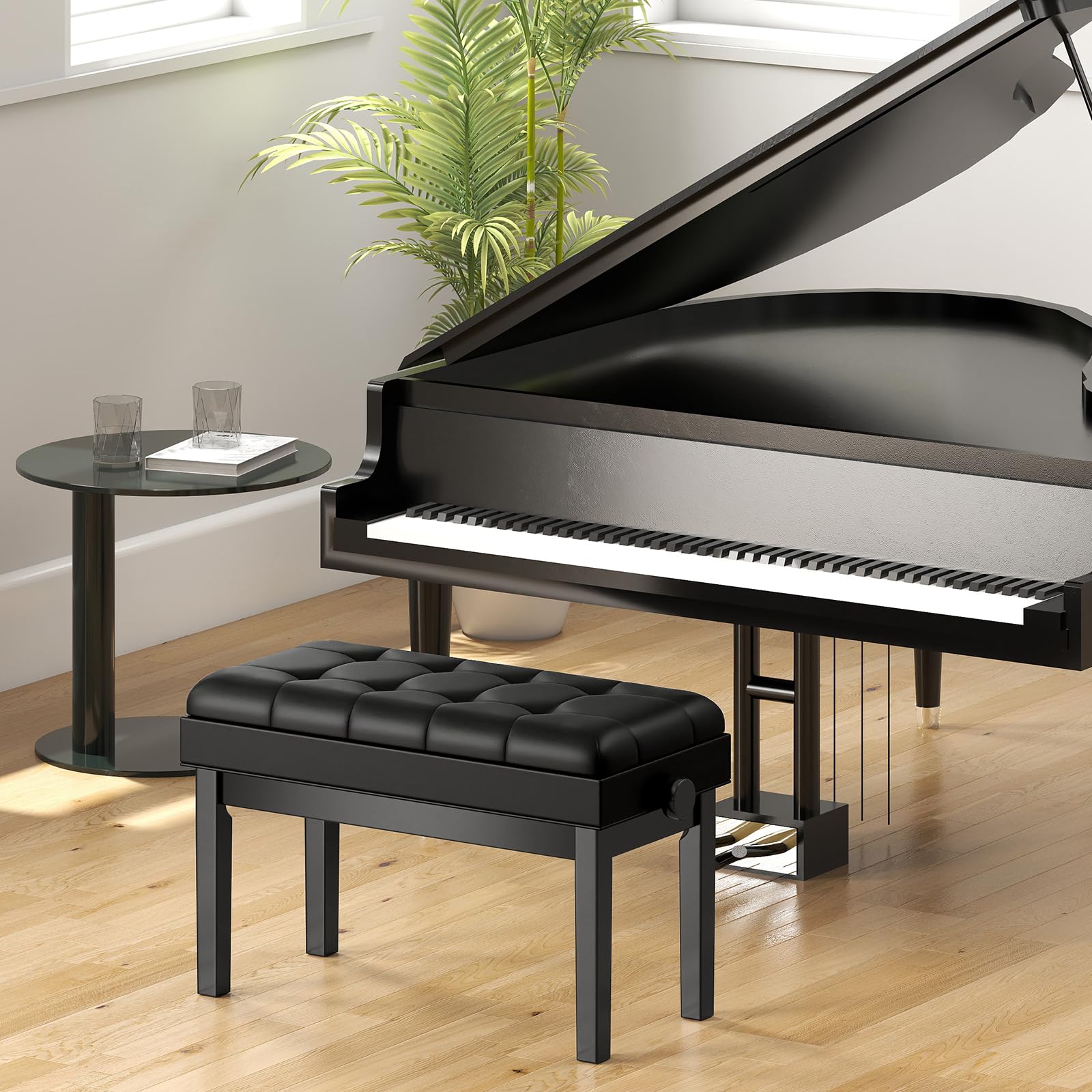 GIANTEX Klavierbank mit verstellbarer Höhe 48-58 cm, gepolsterte Klavierbank für 2 Personen, Hocker mit Stauraum und rutschfesten Füßen, Schwarz