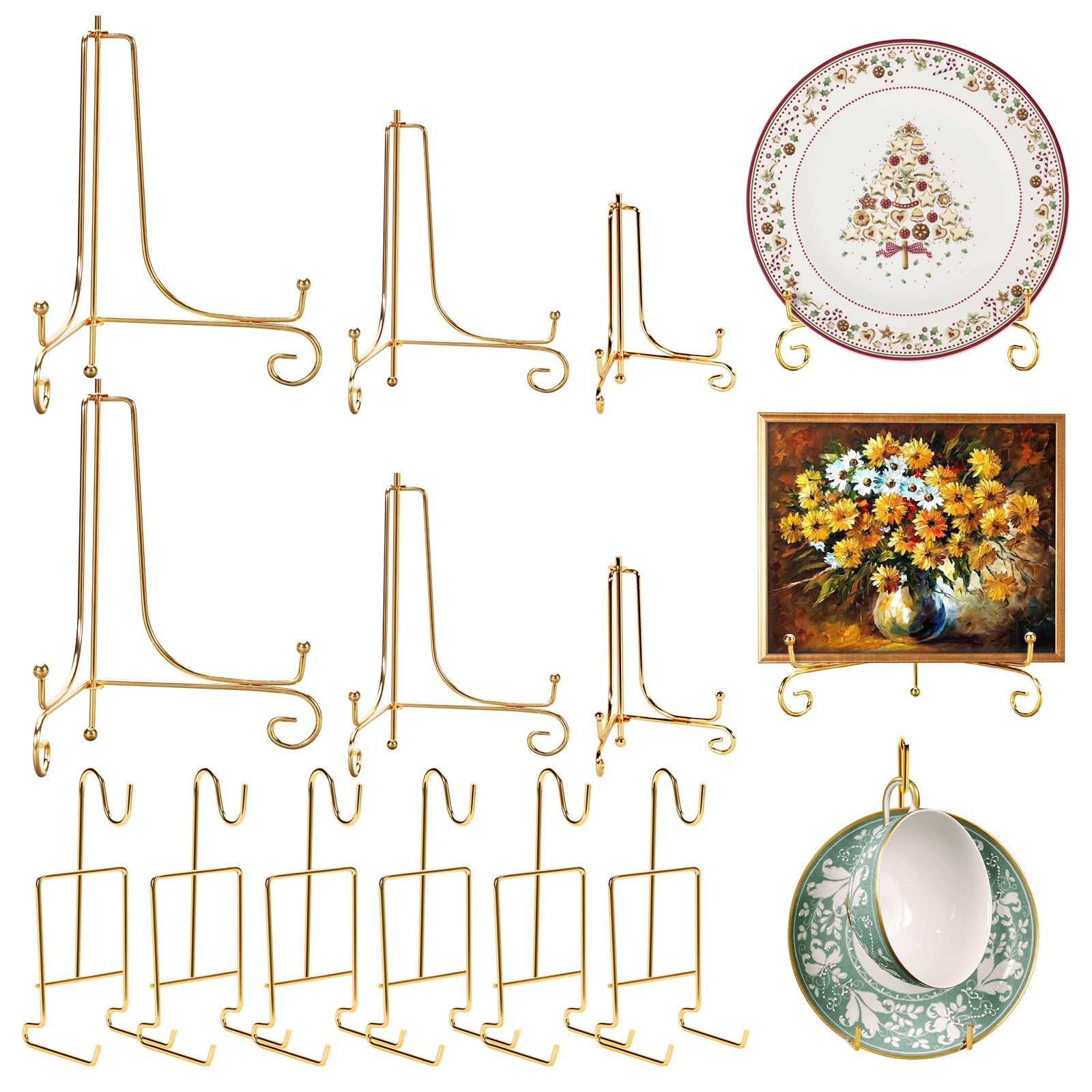 6 Pcs 3 Size Gold Plate Stands for Display, 4 6 8 Inch Plate Holder 6 Cup and Saucer Display Stand for Displaying Picture Frames, Book, Card, Mug Organizer, Bowl, Decorative Plates, Tablet and Art