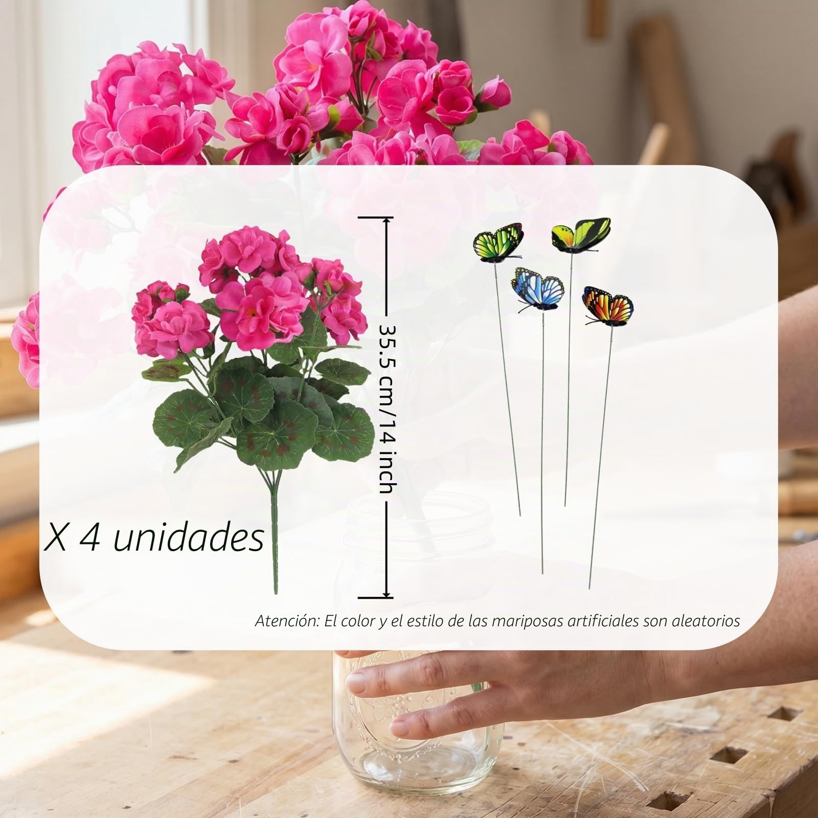 4 paquetes de flores artificiales geranios plantas de imitación para exteriores, primavera y verano, decoración de flores de seda falsas, resistentes a los rayos UV, plantas interiores para