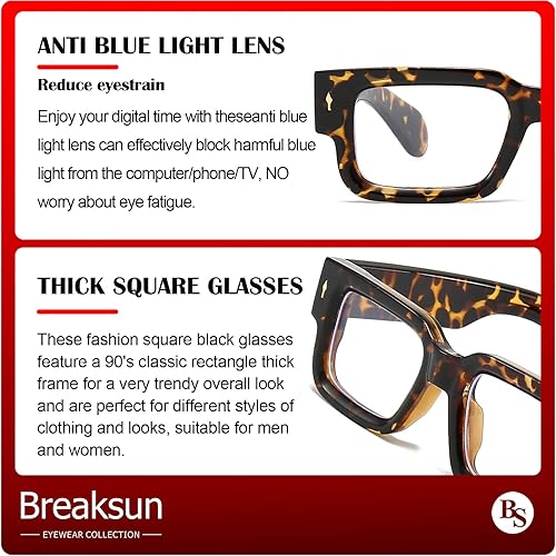 Miniatura 5 de Breaksun Gafas clásicas de color negro con marco cuadrado grueso para mujeres y hombres, lentes rectangulares de luz azul para computadora