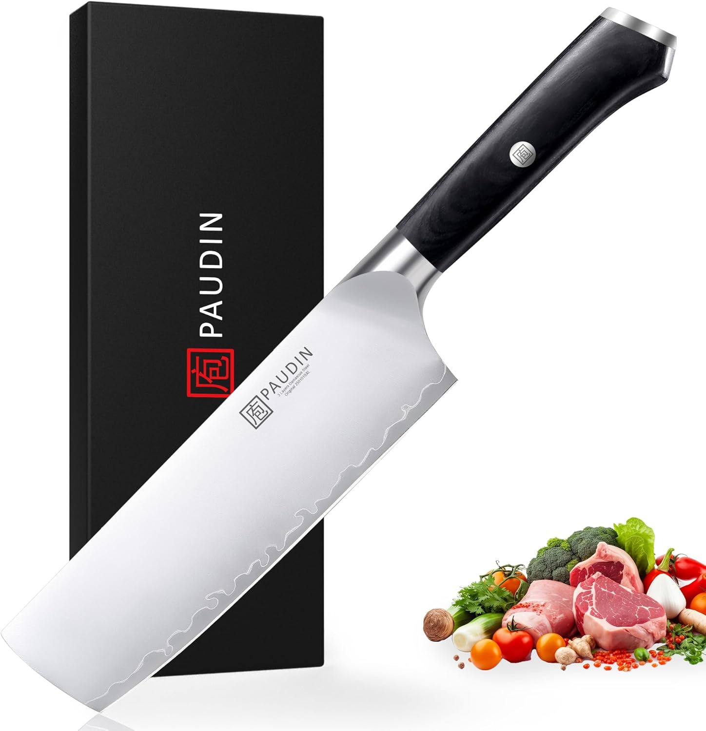 PAUDIN Nakiri Knife 7 Inch, High Carbon Stainless Steel Chef Knife, Ultra Sharp Asian Kitchen Knife for Meat and Vegetable, Chopping Knife with Ergonomic Wooden Handle