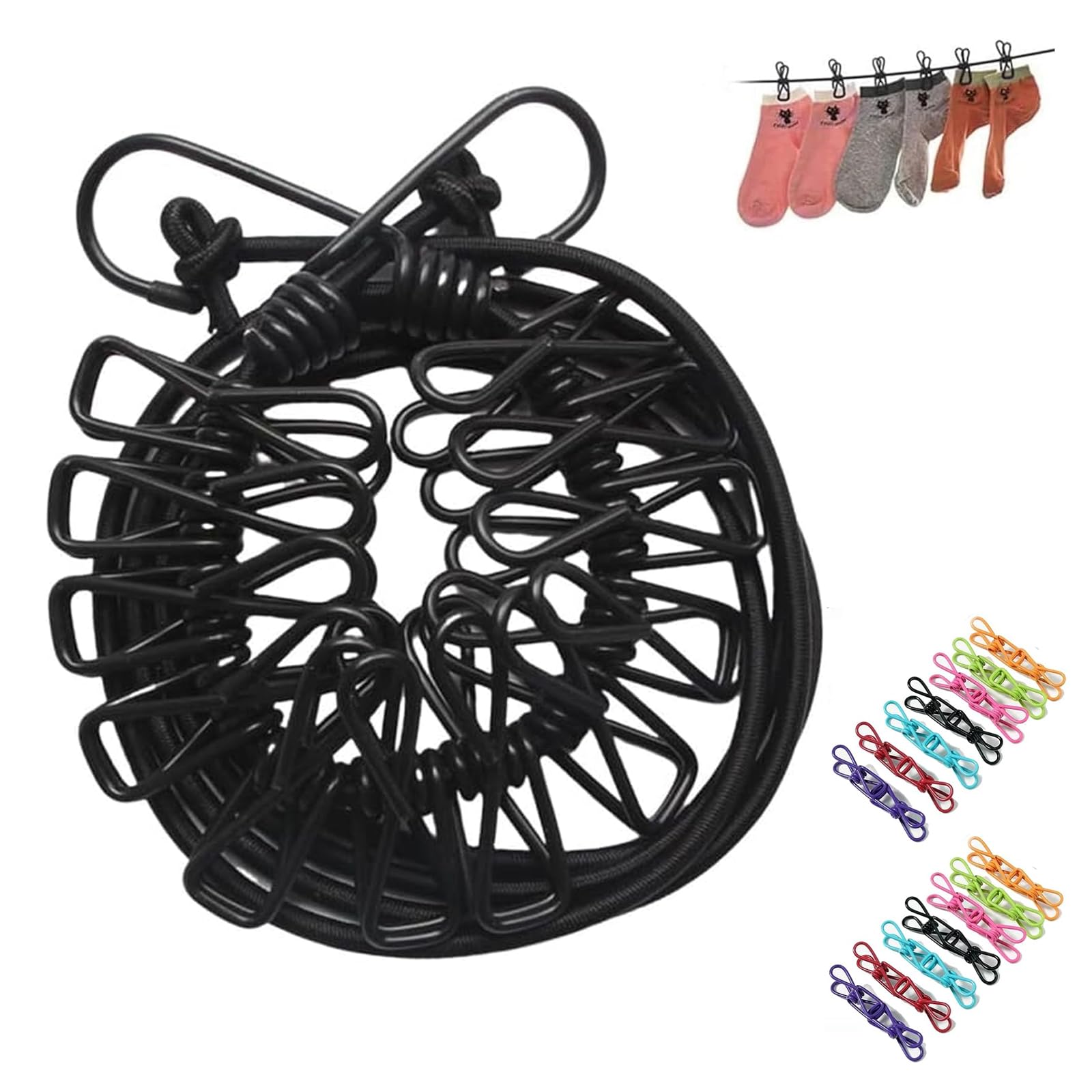 Portable Clothesline, Elastic Clothesline Travel Washing Line Adjustable Retractable Airer Windproof Rope with 32 Wire Clips for Camping Clothes Laundry Drying Outdoor