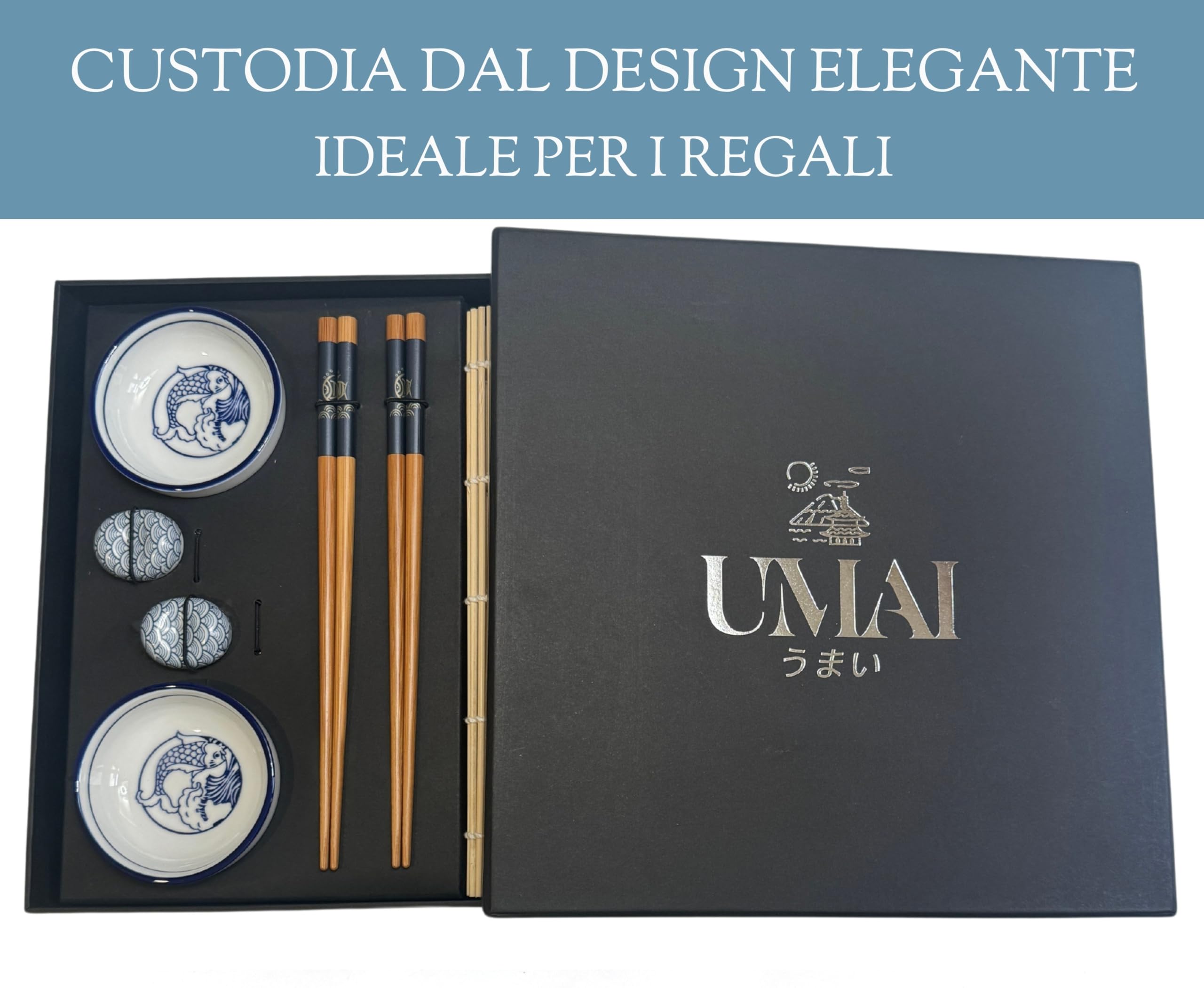 UMAI Kit Sushi | Kit per creare sushi a casa | Set 2 tappetini Sushi + Paletta + 2 set di bacchette + 2 ciotole soia + 2 supporti bastoncini + QR con ricettario