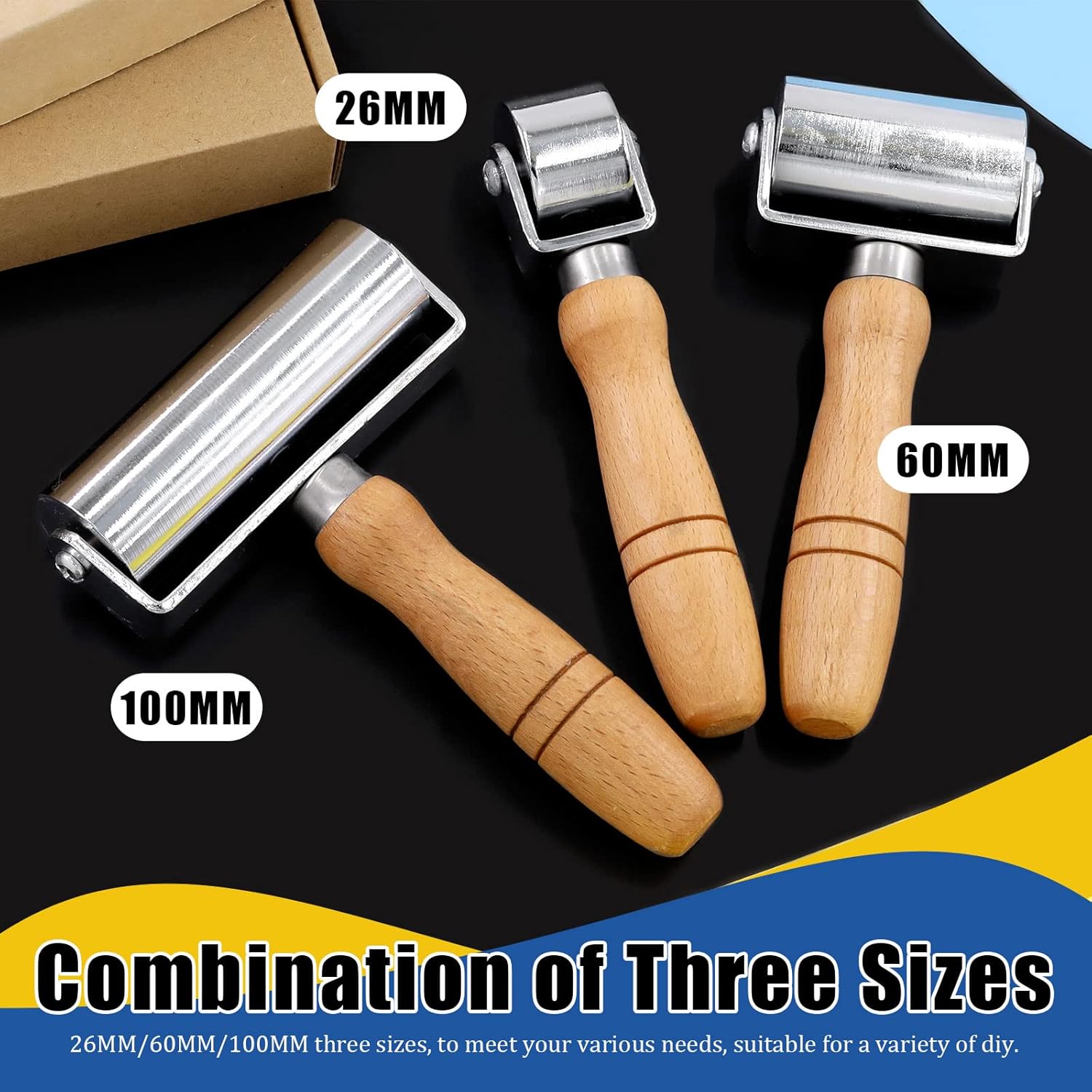 Glarks 3Pcs 26mm 60mm 100mm Leather Press Edge Rollers Leather Edge Creaser and Smoother for Leather Glue Laminating, Quilting, Platen Tools
