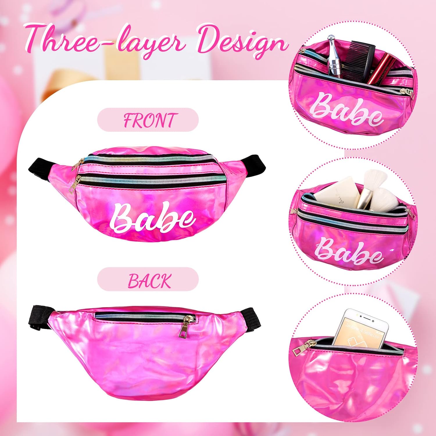 12 Pcs Bachelorette Fanny Packs Bachelorette Party Favors Holographic Shiny with Adjustable Belt for Women Wedding(White, Pink)
