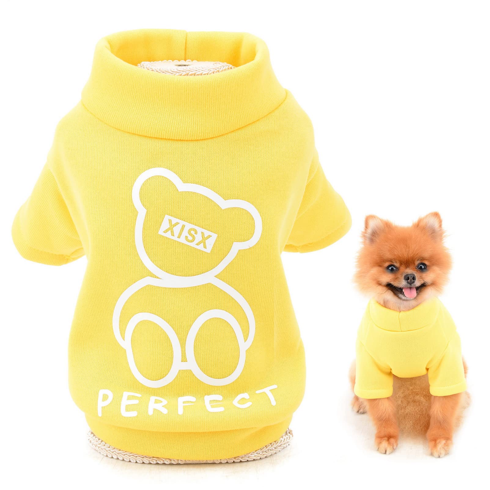 SMALLLEE_LUCKY_STORE Cute Cartoon Puppy Fleece Sweatshirt Pullover Jumper Sweater for Small Medium Dogs Cat Boy Girl Yorkie Chihuahua Kitten Warm Autumn Winter Clothes,Yellow,M