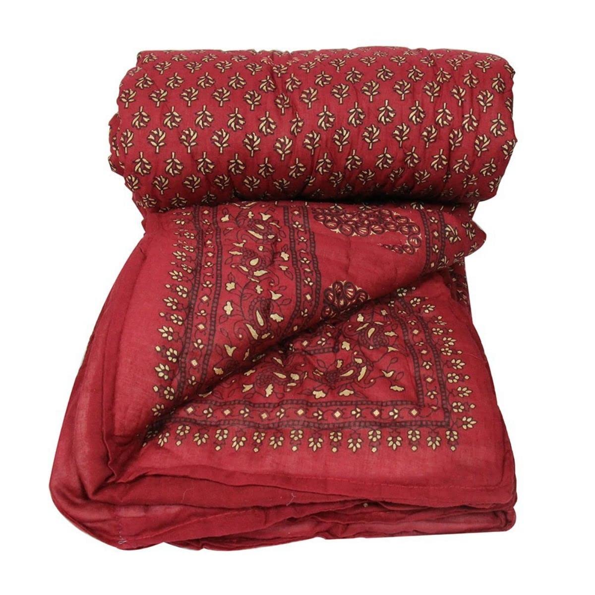 SVT Rajasthani Traditional Jaipuri Single Razai/Quilt/Blanket/Ac Comforter - Single Bed (Maroon, Cotton, Breathable, Pack Of 1), 200 TC
