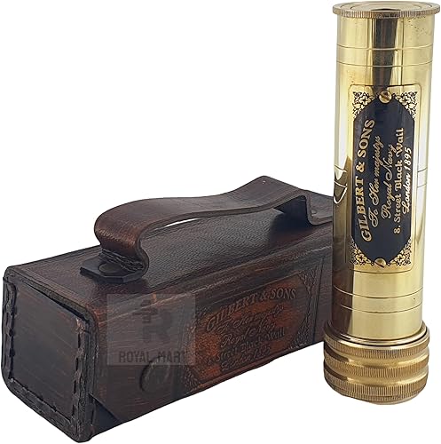 Miniatura 6 de Royalmart Caleidoscopio de latón hecho a mano con caja de cuero, aspecto vintage, acabado antiguo, caleidoscopio para niños, amigos, familia, niños,