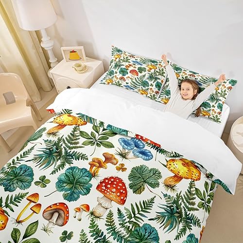 Miniatura 25 de Juego de funda de edredón de 3 piezas, diseño de hongos, diseño de hojas botánicas de acuarela y fresa, para niños, adolescentes, adultos, libélula