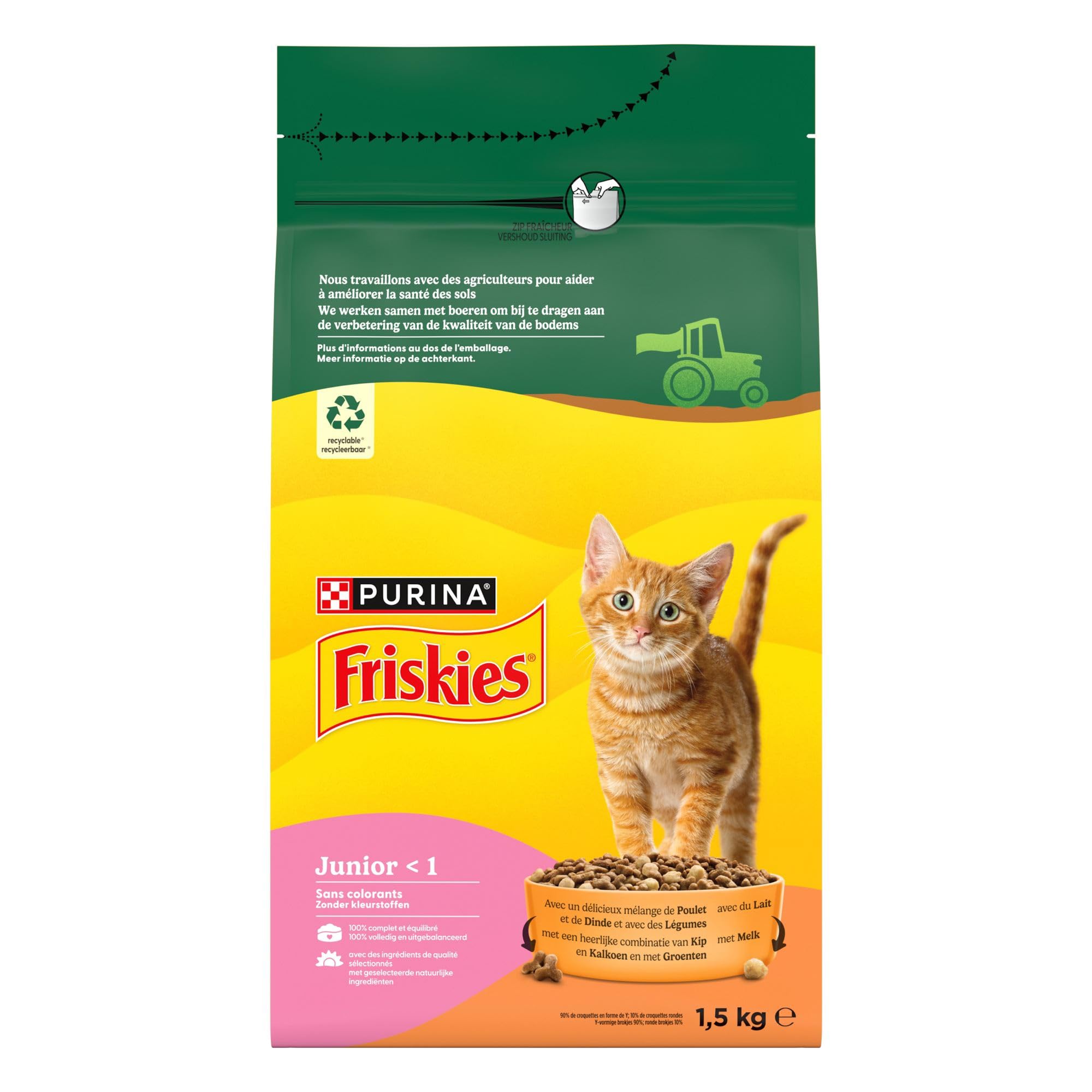 FRISKIES | JUNIOR | Chat | Croquettes complètes pour Chatons| Au Poulet, au Lait et aux Légumes | Aliment complet pour une croissance saine du chaton | Sac | 1,5 KG