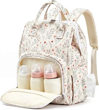 Light White Corduroy Floral Diaper Bag Backpack for Mom Large Capacity Multifunction Travel Backpack for Women, Cute Diaper Bag