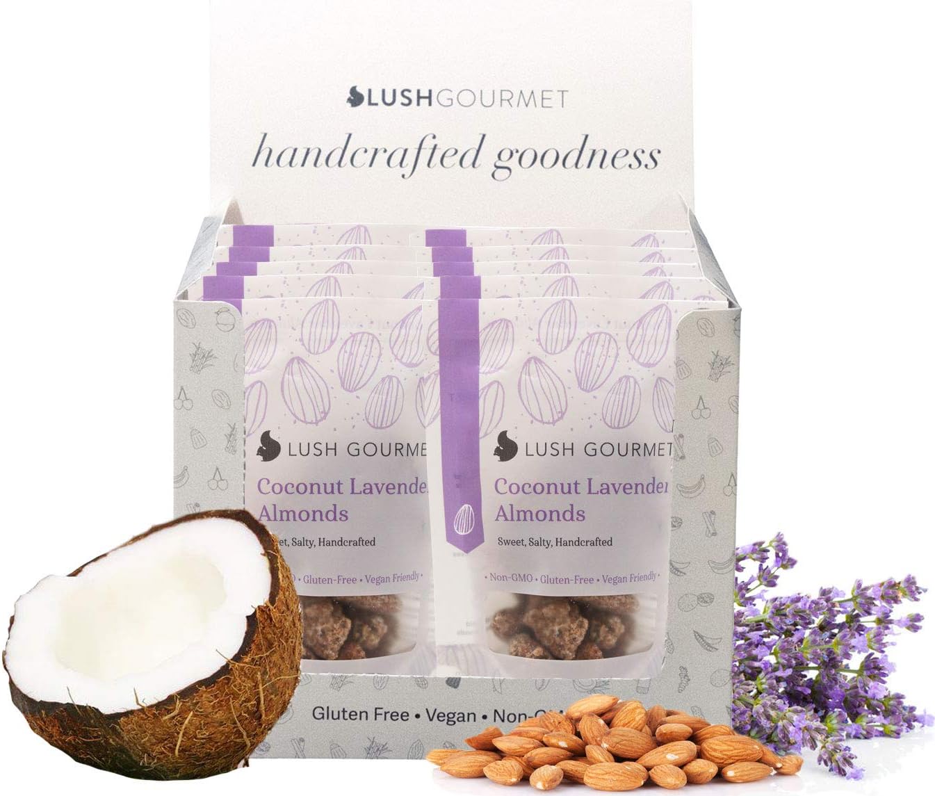 Lush Gourmet Coconut Lavender Almonds - Single Serve Pack - Salted Almonds with Pure Coconut, Lavender, Cane Sugar - Healthy Snacks Free of Cholesterol, Soy & Gluten - Vegan Almond Treats