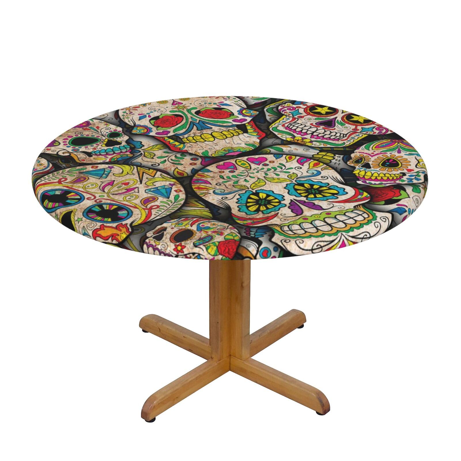 Ffshkowe Skull Elastic Round Tablecloth Oil Proof Table Cover For Dining Party Picnic