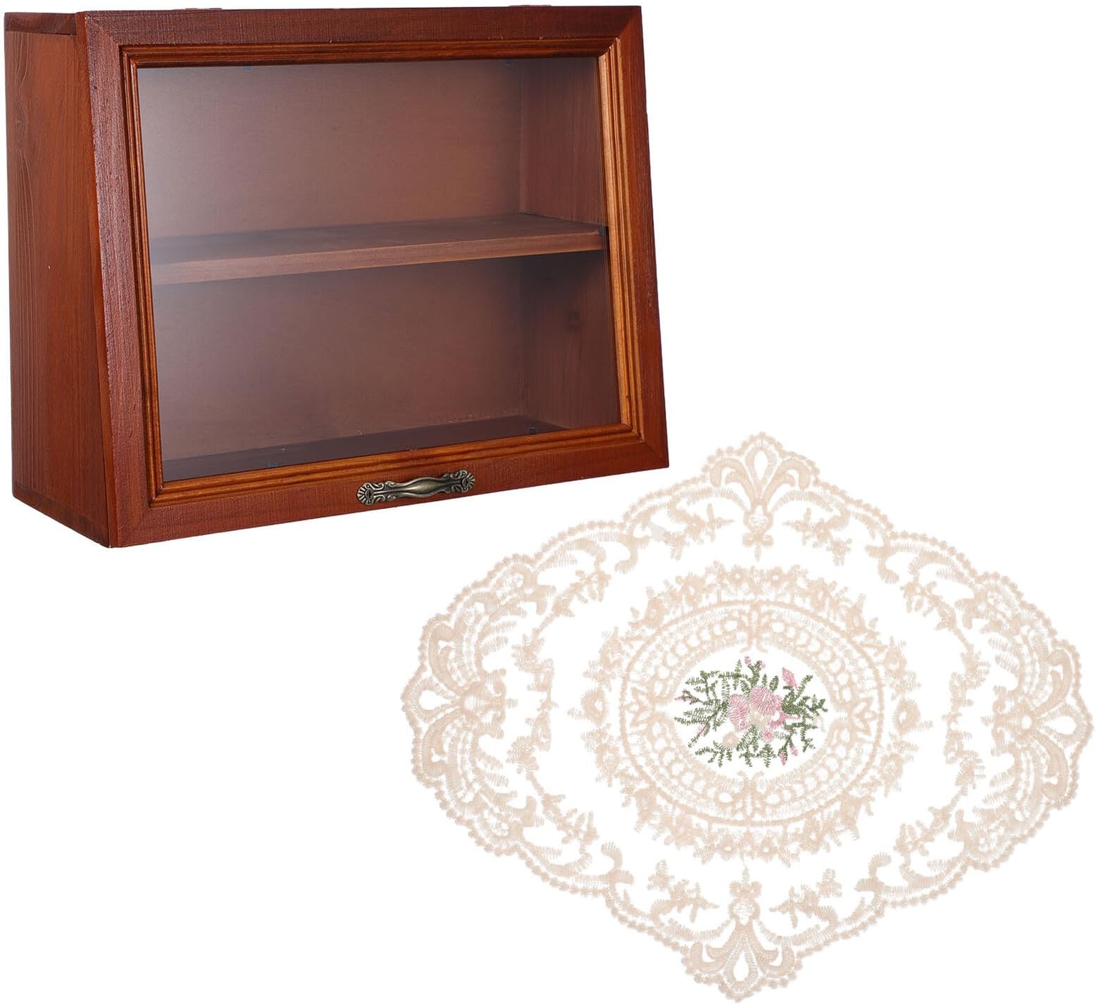 Rustic Mini Wooden Makeup Organizer with Dust Cover and Lace Table Mat, Small Desktop Storage Box for Cosmetics, Figurines, Tea and Coffee Accessories