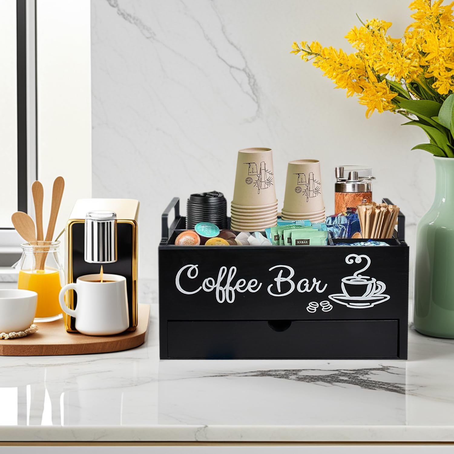 Wood Coffee Bar Organizer with Handle, Coffee Station for Countertop, Bar Station Accessories for Decor, 5 Countertop Storage Accessories Tea Bag Organizer (Double-Deck)