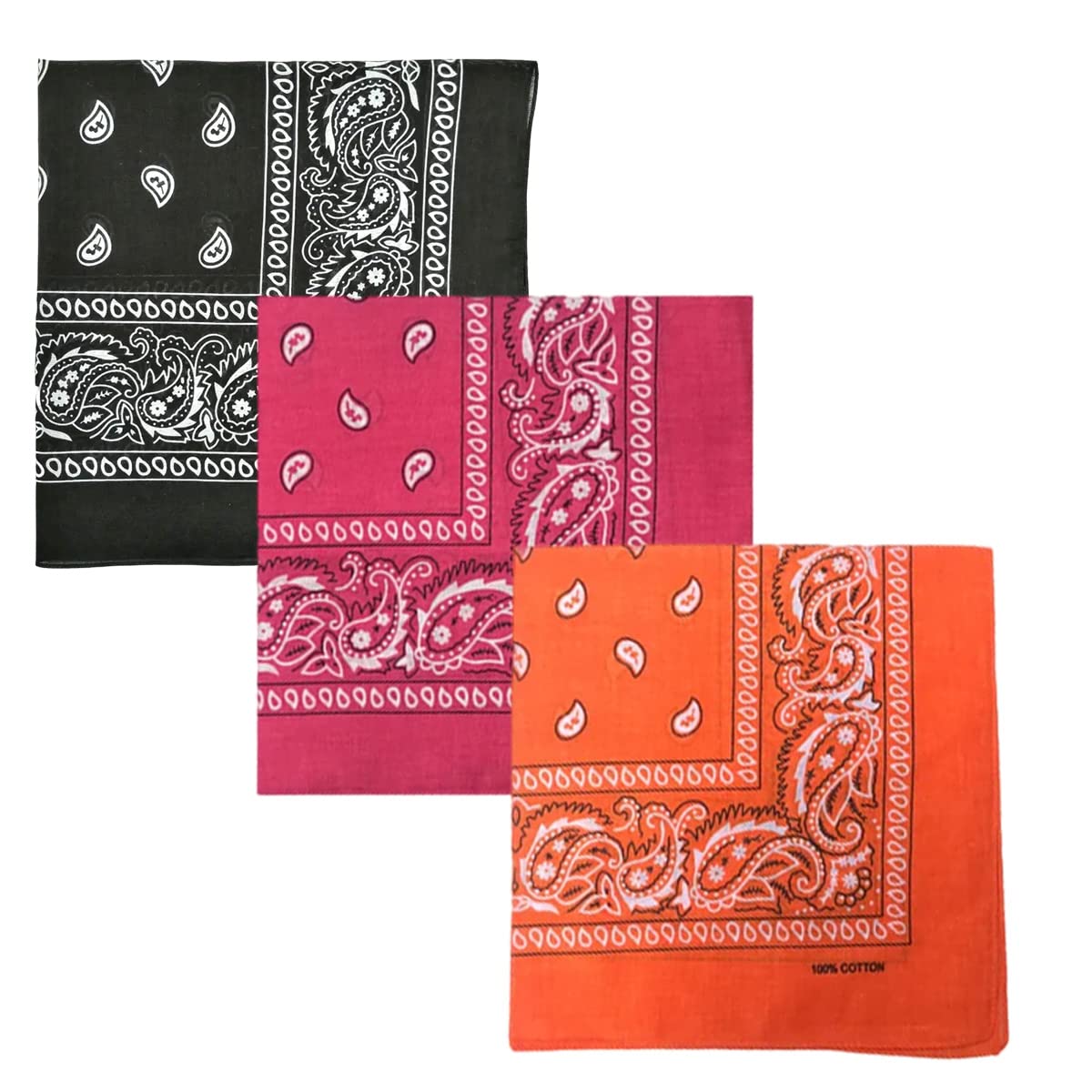 iPEAK Bandana 3 Pack Multi-Purpose Cotton Paisley Bandanas Scarf Headband Face Mask Neckerchief Handkerchief union jack Camouflage For Men Women Kids (Black Pink Orange)