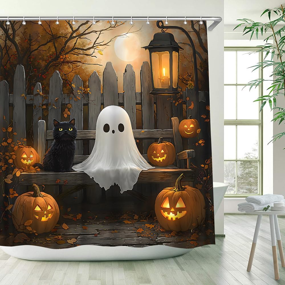 Halloween Shower Curtain Spooky Ghost and Black Cat Horror Pumpkin Fall Misty Forest Lantern Autumn Decor Bathroom Decor Polyester Fabric Curtains with Hook 70Wx80H Inches