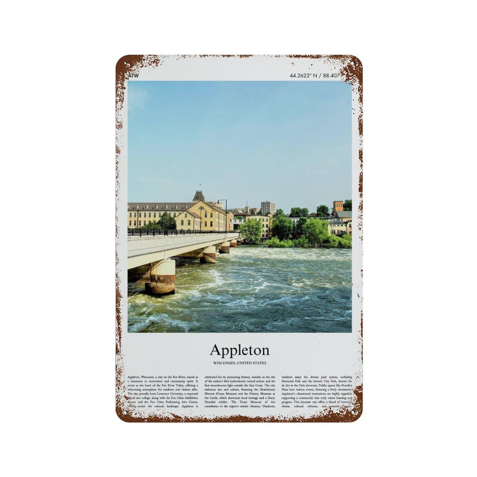 xiaoxiaoshen Appleton Wisconsin, United States, USA City Scenery Wall Decor Art Metal Tin Poster Modern Home Decor Art Home Bar Shop Decorations Vintage Sign 30x20cm