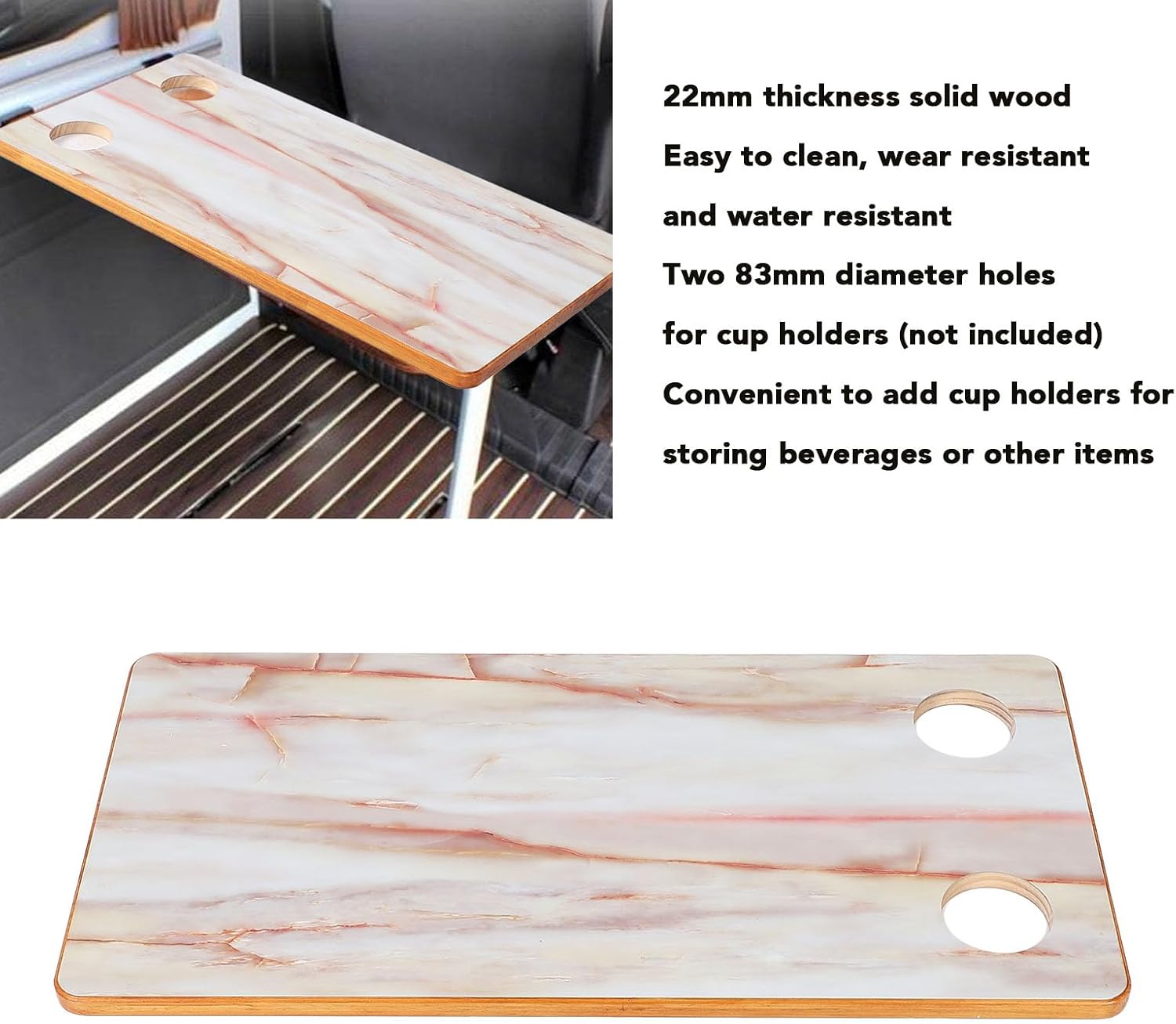 Yosoo 31 x 15.7in Solid Wood Boat Table Top, Removable Marble Patterns RV Tabletop Rectangular with 2 Cup Holders for RV Yacht Deck Patio
