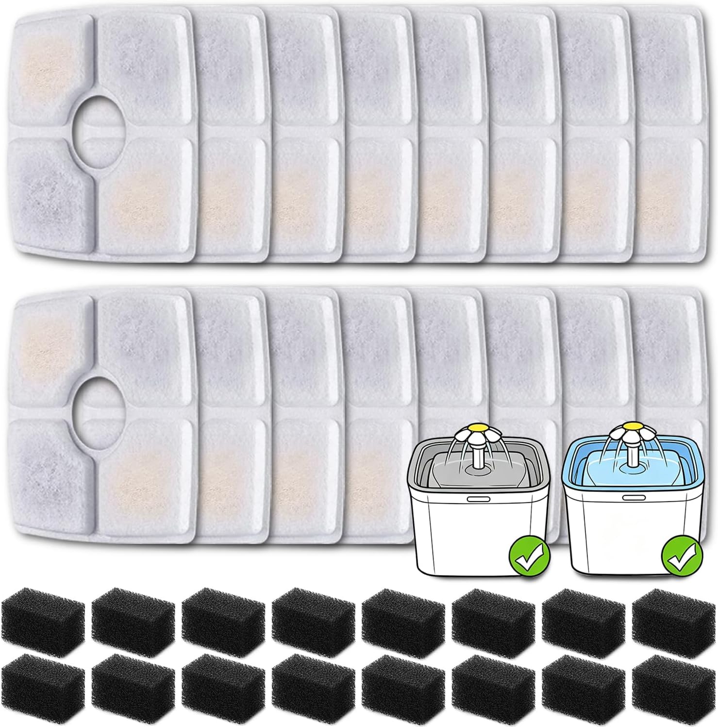 16 Pack Replacement Filters & 16 Pack Pre-Filter Sponges for Veken 84 oz / 2.5L Automatic Pet Water Fountain, Triple Filtration Cat Fountain Replacement Filter