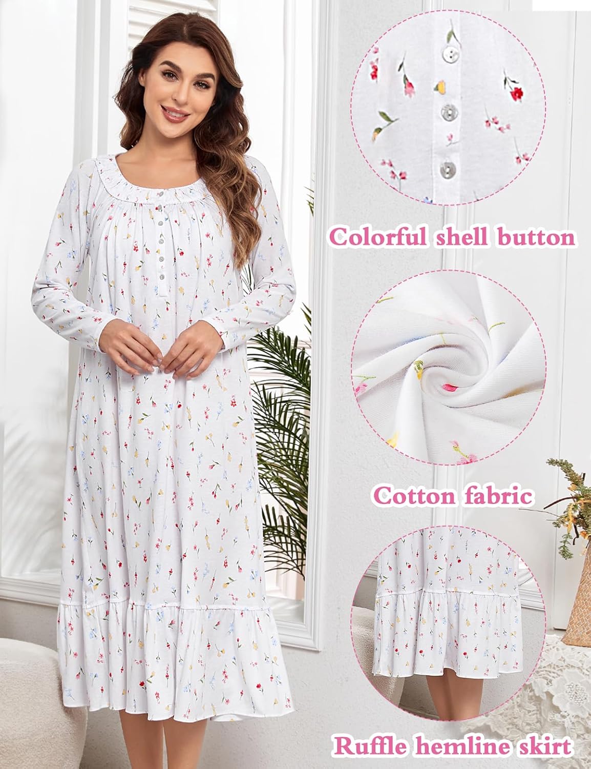 MZROCR Cotton Nightgowns for Women Soft Long Sleeve Night Gowns for Adult Women Comfy Night Shirts Lightweight Sleepwear - Image 3