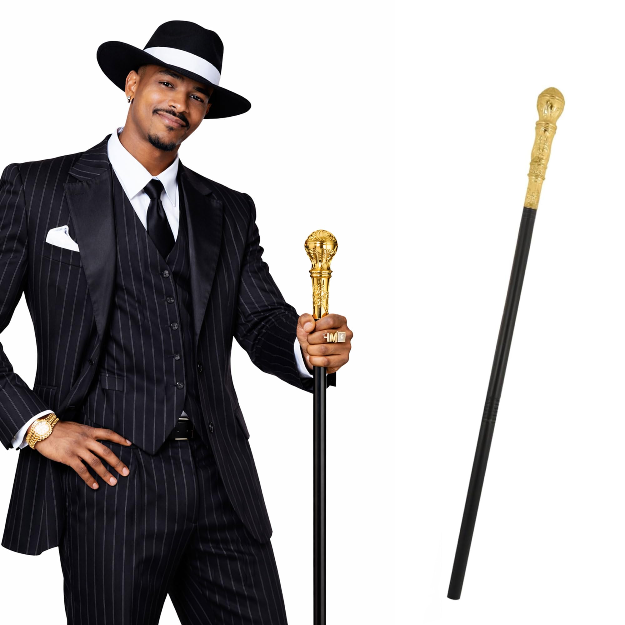 Makii Victorian Style Top Hat and Cane Set For Adults Black Top Hat Fancy Dress 1970's Gangster Pimp Staff For World Book Day Week (Gold Pimp Cane)