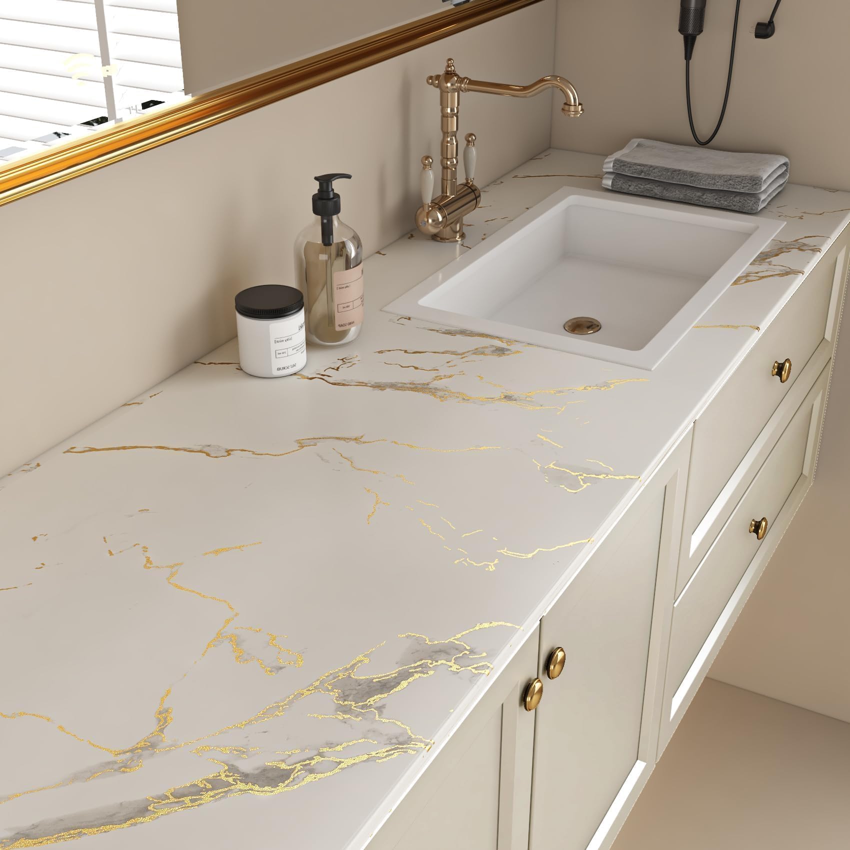 Decotalk Pellicola Adesiva Per Mobili Effetto Marmo Bianco Oro 60X300cm Rivestimento Carta da Parati Moderna Marmo Adesivo Bianca Carta Adesiva Per Mobili Armadi Buccia E Stick Decorazioni Parete