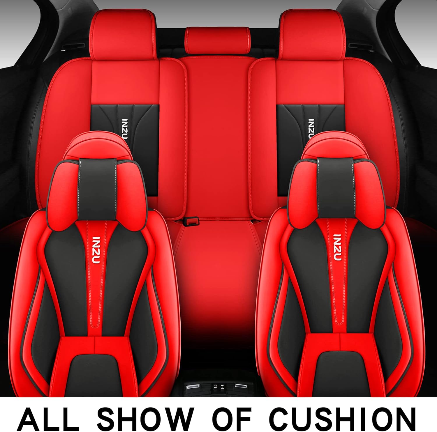 INZU Cute Rabbit Comfortable Leather Auto Car Seat Covers Front & Rear Seat Protector Fit Sedan SUV 5 Seats Full Set Universal Fit (Black & Red)