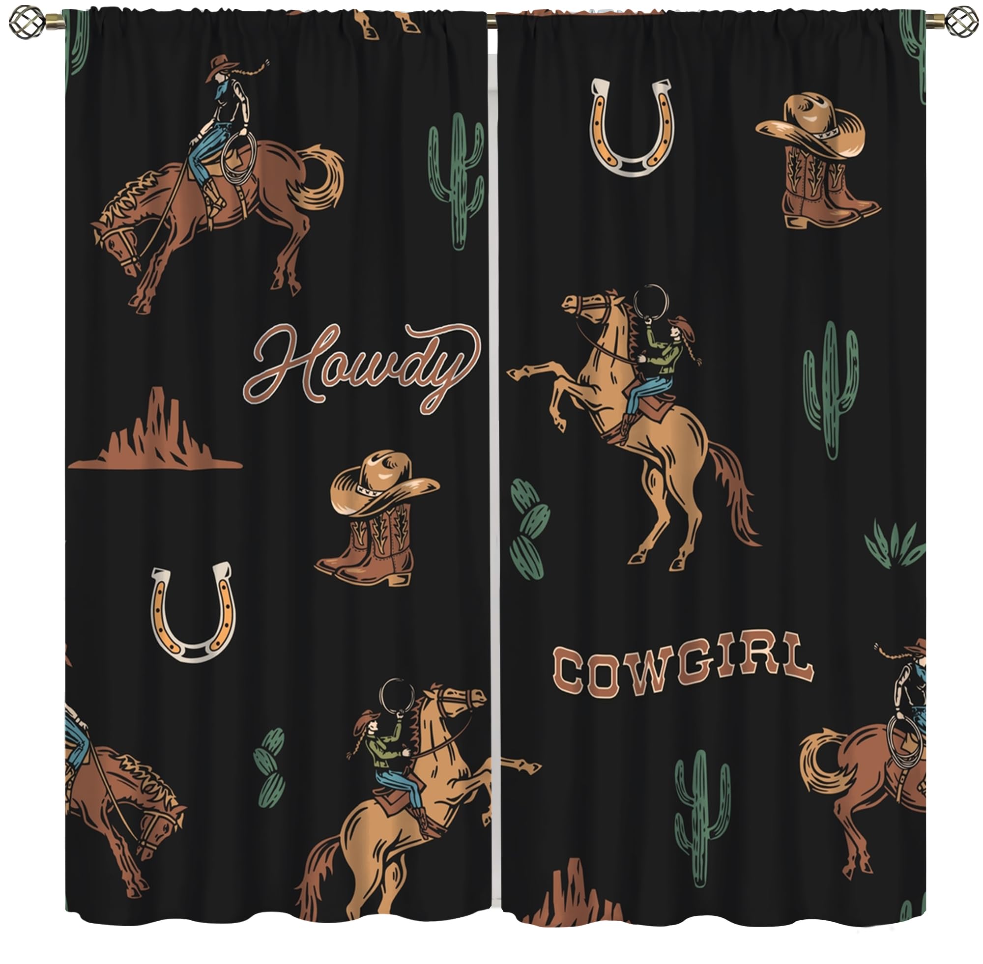 DKMQQUL West Cowgirl Curtains, Vintage Country Wild West Cowboy Ride Horse Desert Cactus Pattern Black Window Treatment for Kitchen Living Room Bedroom Drapes, 42x45 Inch (No Blackout)