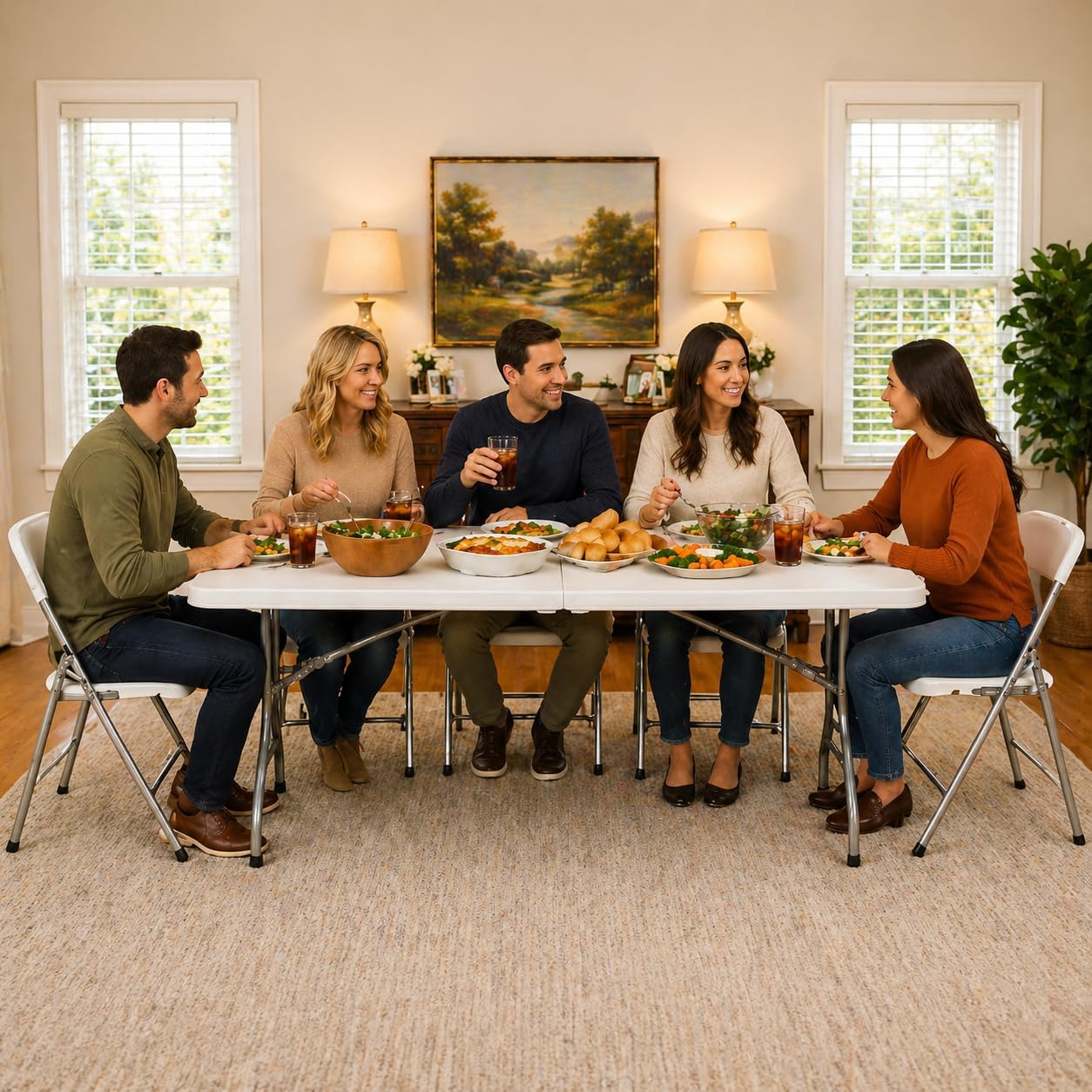 6ft Folding Table with Handle, Portable Plastic Table, White | Heavy Duty & Foldable, Fold in Half Table with Steel Frame, Indoor & Outdoor Use, Perfect for Camping, Picnic, Wedding, Party
