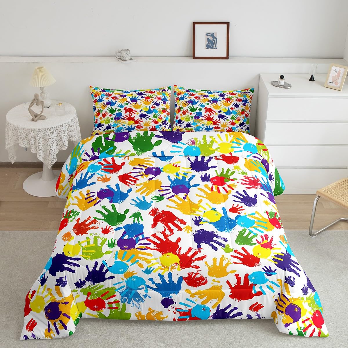 Feelyou Cute Handprint Bedding Set Kids Boys Girls Watercolor Rainbow Comforter Set Toddler Size Modern Duvet Insert Colorful Hand Shapes Abstract Decoration