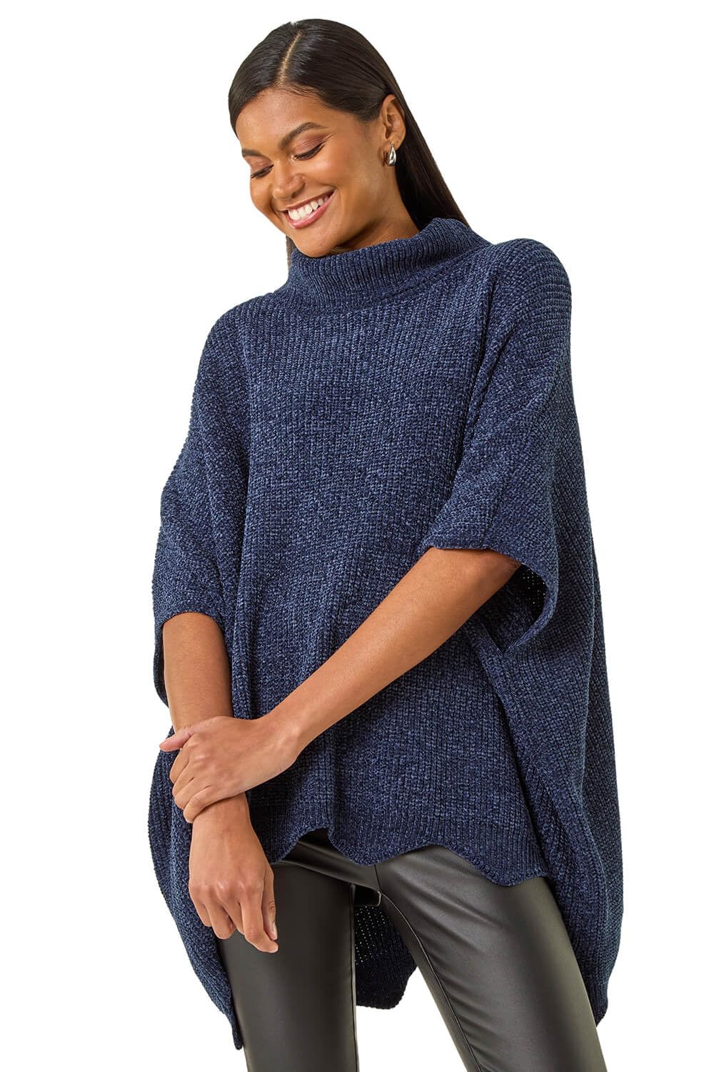 Roman Originals Roll Neck Chenille Knit Poncho for Women UK - Ladies Everyday Autumn Winter Roll Neckline Comfy Soft Evening Vacation Work Party Night Out - Navy - Size S