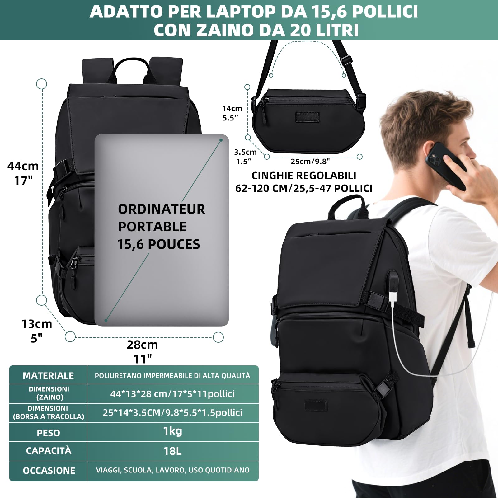 KINGSLONG Zaino da viaggio Business 2 in 1 zaino leggero da 15,6 pollici, marsupio rimovibile, impermeabile, antifurto, nero, ideale per viaggi, lavoro e uso quotidiano