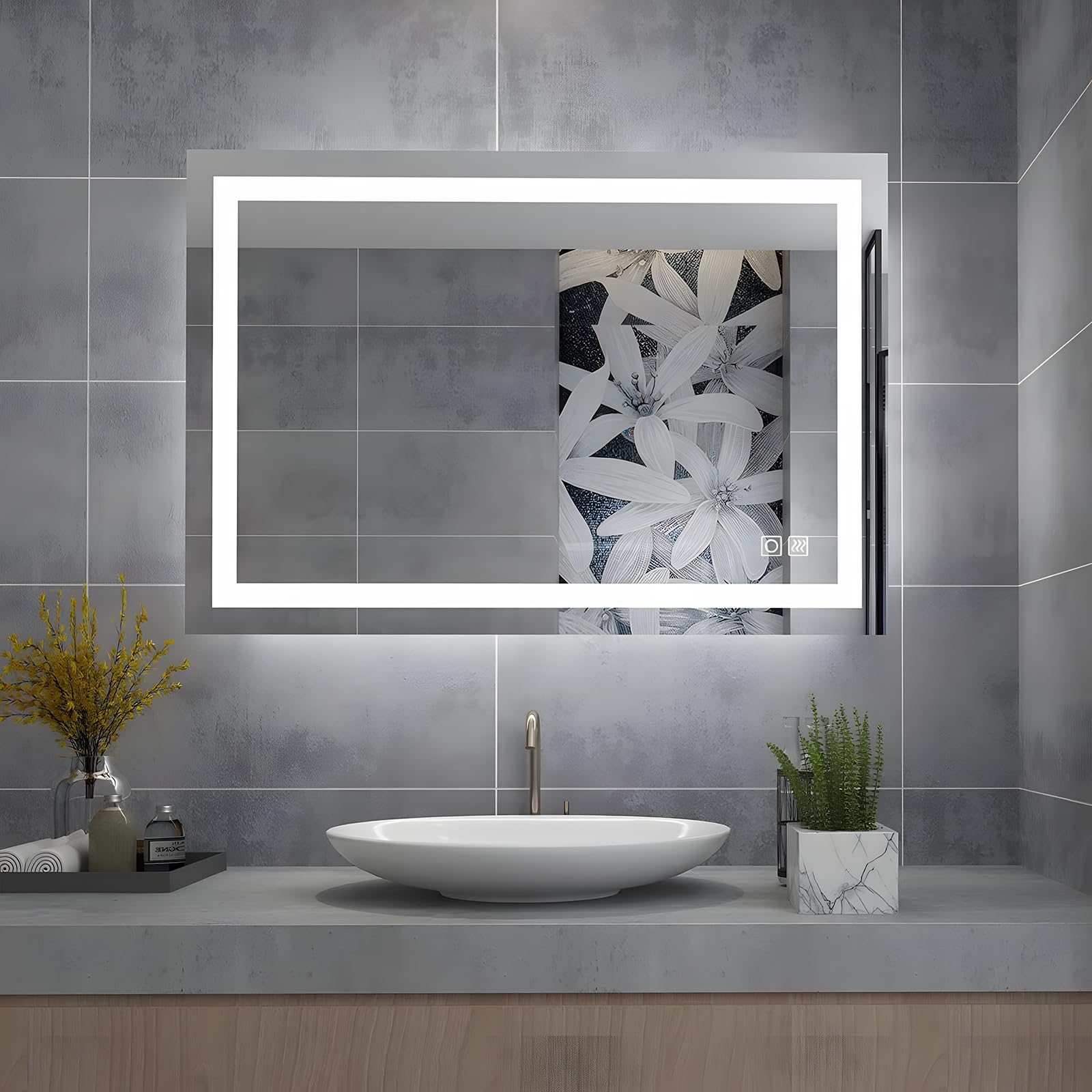 MIQU Specchio da bagno a LED, 90 x 60 cm, con illuminazione, bianco caldo/bianco freddo, dimmerabile, con touch + antiappannamento, rettangolare,Adatto per bagno,stanza da letto
