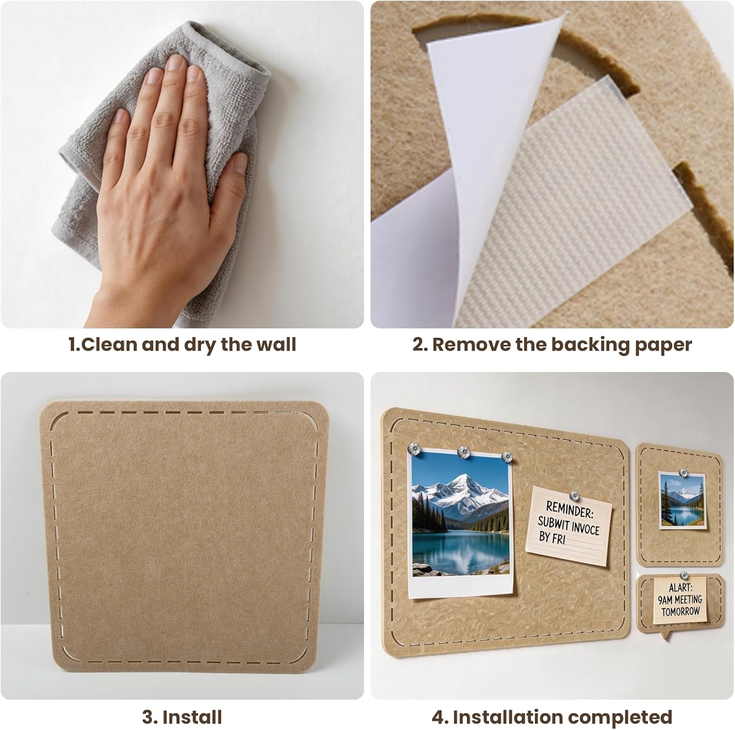 3-PCS Felt Bulletin Board Set, Self-Adhesive Background Display Board, Suitable for Office, Classroom, and Home Decoration, Can Be Used to Stick Notes, Photos, and Memos(Camel)