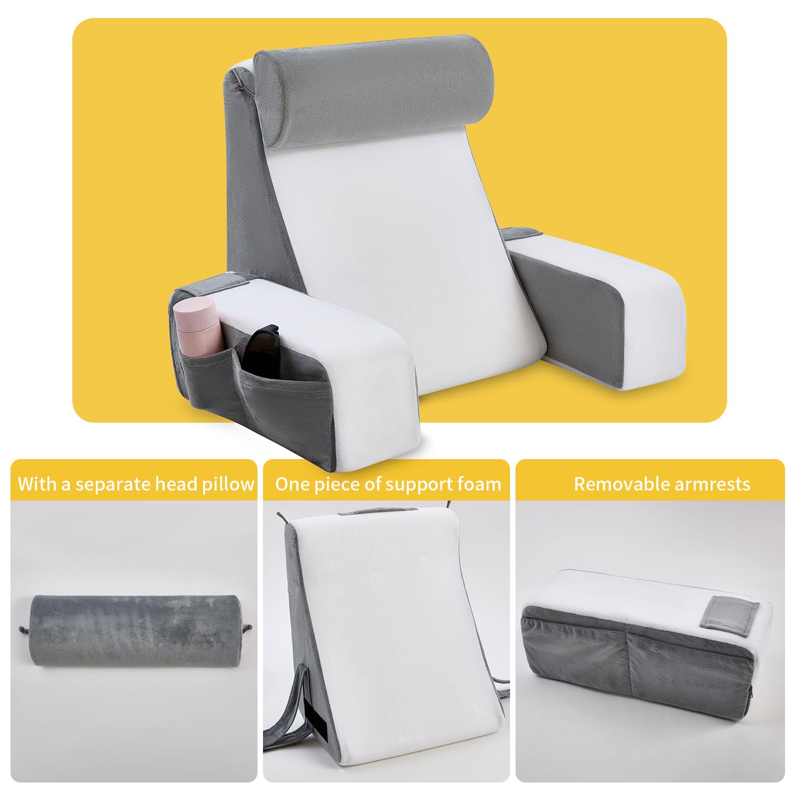 Lesekissen Für Bett Und Sofa, Rückenkissen Mit Abnehmbarer Nackenrolle & Armlehne, Rückenstützkissen Bett Mit Aufbewahrungstasche, Rückenlehne Kissen Zum Lesen, Arbeiten, Schlafen, Fernsehen