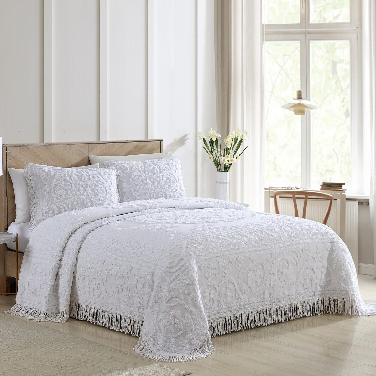 Vintage Style Tufted Embroidered Cotton Chenille Bedspread King Size Elegant Fringed Hem | All Seasons White Cream Color Aesthetic Bedding Soft Plush Cozy Luxury Country Farmhouse Quilt Coverlet
