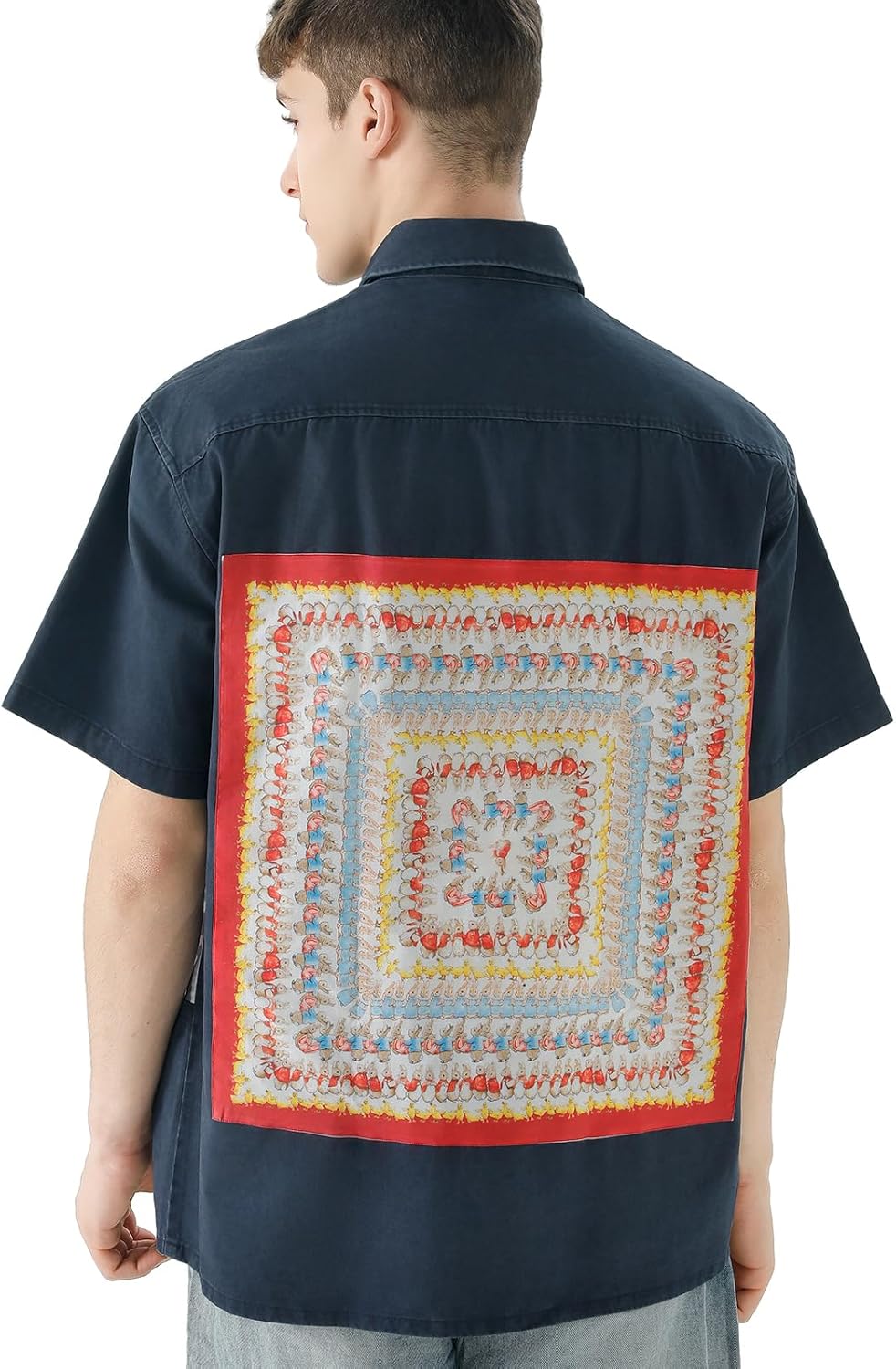 JCARSON Vintage Streetwear Mens Denim Shirts Distressed Button Down Shirt Appliqué Embroidery Oversized Short Sleeve Shirts