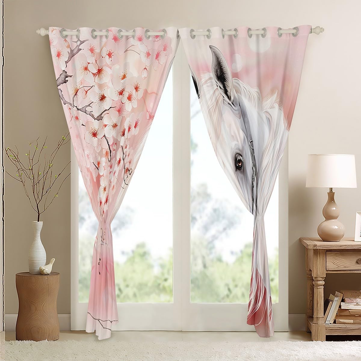 Erosebridal White Horse Curtains & Drapes Pink Cherry Blossoms Blackout Curtains for Girls Women, Farmhouse Animal Curtains Wild Galloping Bedroom Curtains, Girly Flower Floral Window Drapes