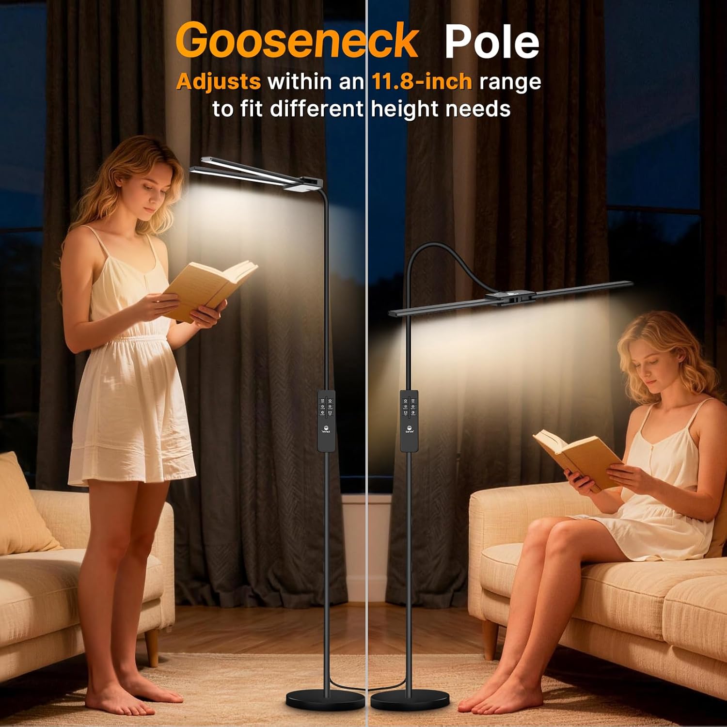 Syrinx LED Floor Lamp, 14W 2000LM Bright Floor Lamp for Office, Gesture & Remote Control, Dual Head Goose-Neck Standing Lamp, Dimmable Brightness & Color Temp, Eye Caring Reading Light for Living Room - Image 5