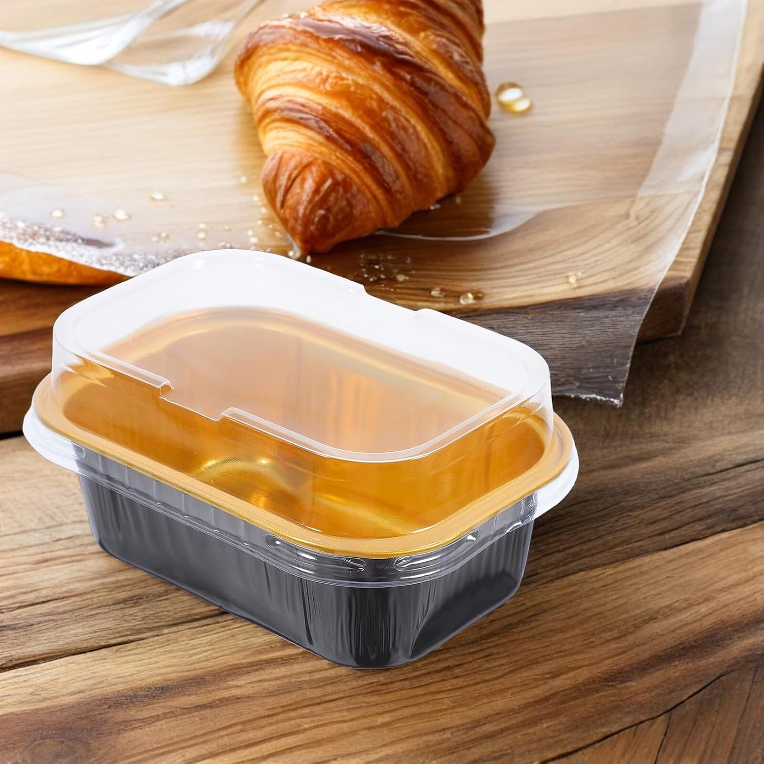 ARTIBETTER 50 Sets Rectangular Aluminum Loaf Pans with Lids and Forks Mini Baking Pans for Cupcakes and Muffins for Thanksgiving and Home Baking