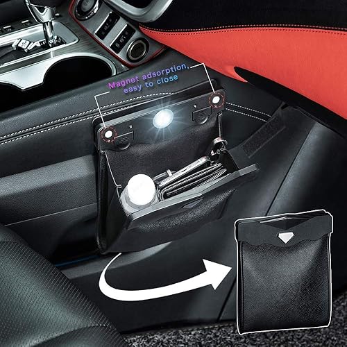 Miniatura 10 de yicheyiyou - Contenedor de basura para automóvil con luz LED inteligente para el lado del pasajero impermeable bolsa de almacenamiento de piel